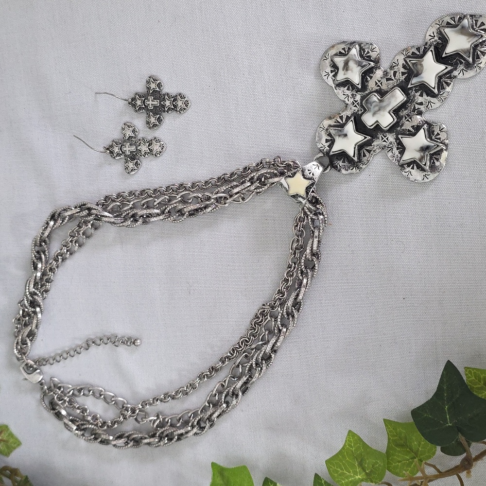 Statement Silver Multi Chain Necklace with Large Cross Pendant & Earrings Set - Picture 3 of 13